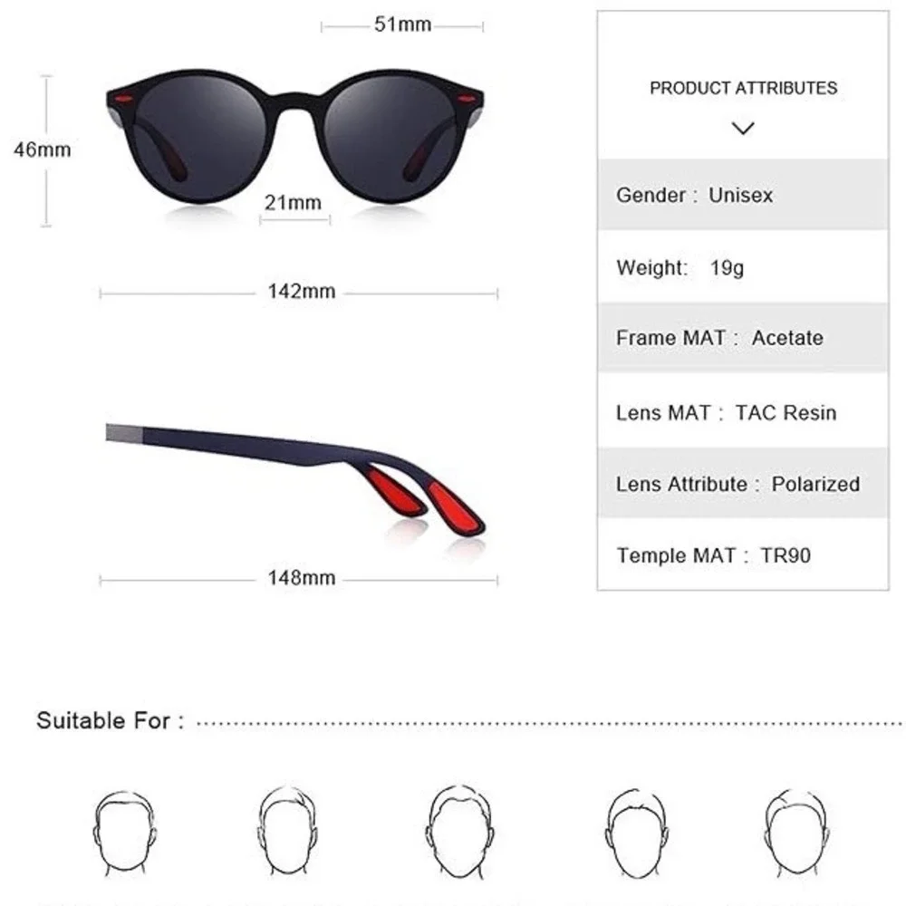 Stylish Round Sunglasses Blue Mirrored Lenses Black Frame Women's‎ Polarized New